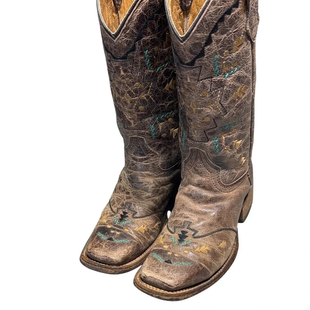 Corral Kids Brown Distressed Leather Southwestern Embroidered Cowboy Boots A3133